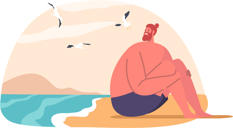 Anxious Man With Aquaphobia Sits On Beach  Illustration