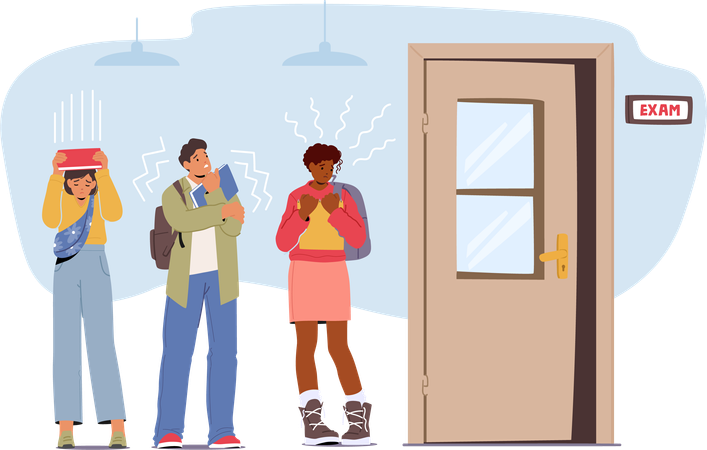 Anxious Students Gather At The Exam Room Door  Illustration