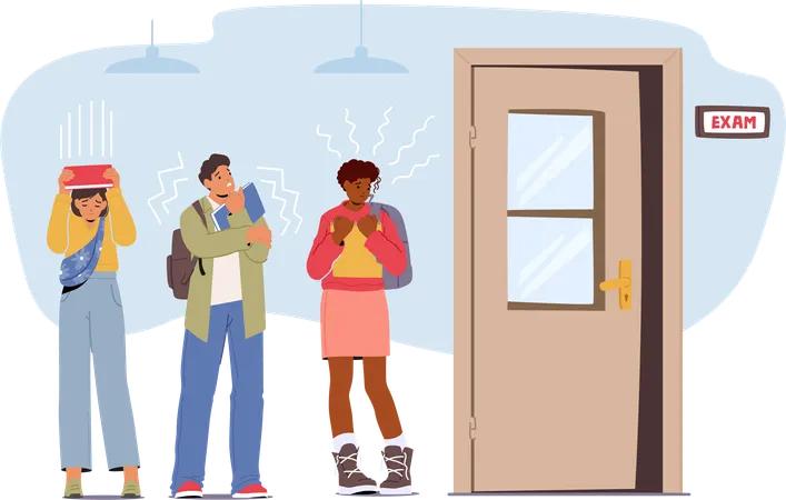 Anxious Students Gather At The Exam Room Door  Illustration