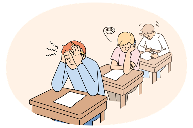 Anxious students write test in classroom  Illustration