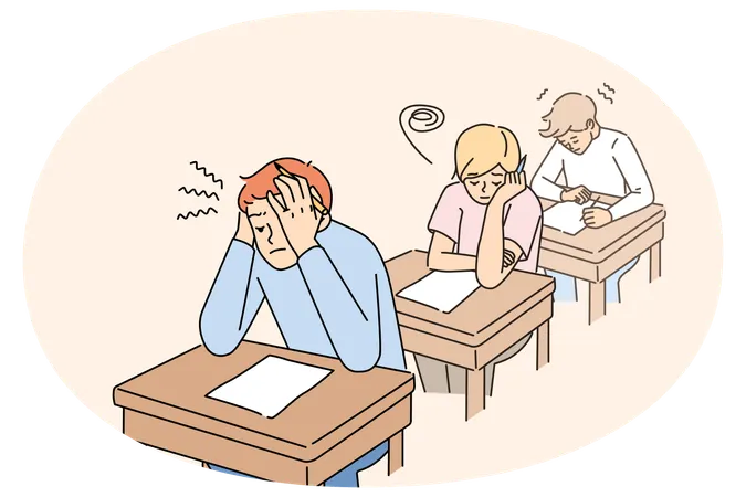 Anxious students write test in classroom  Illustration