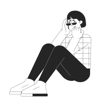 Anxious Woman Korean Black And White 2 D Line Cartoon Character Asian Nervous Female Isolated Vector Outline Person Headache Holding Head Girl Sitting On Floor Monochromatic Flat Spot Illustration Illustration