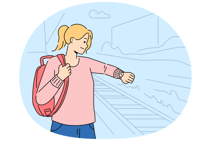 Anxious woman check time at railway station  Illustration