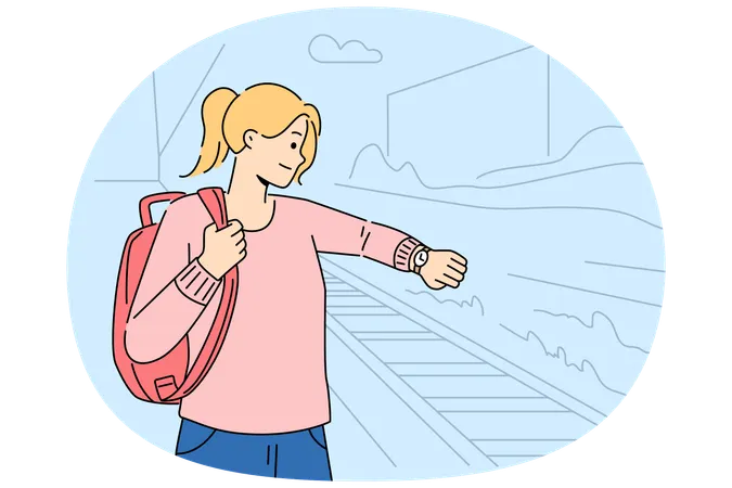 Anxious woman check time at railway station  Illustration
