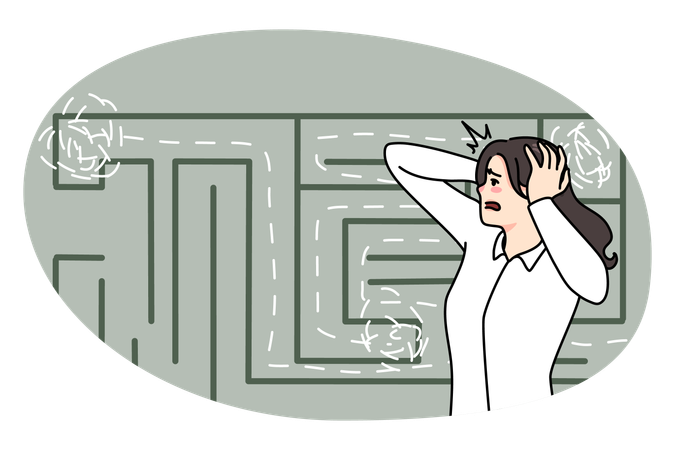 Anxious woman confused by finding way in labyrinth  Illustration