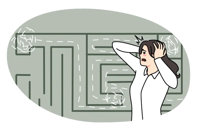 Anxious woman confused by finding way in labyrinth  Illustration