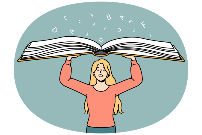 Anxious woman hold huge book  Illustration