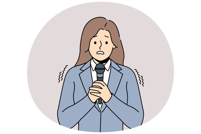Anxious woman scared talking in microphone  Illustration