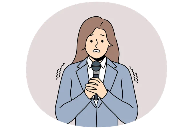 Anxious woman scared talking in microphone  Illustration