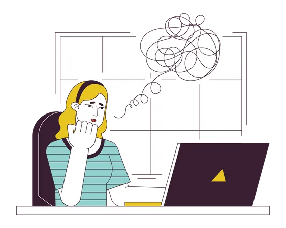 Anxious Woman Working At Office Flat Line Concept Vector Spot Illustration Freelancer 2 D Cartoon Outline Character On White For Web UI Design Editable Isolated Color Hero Image Illustration