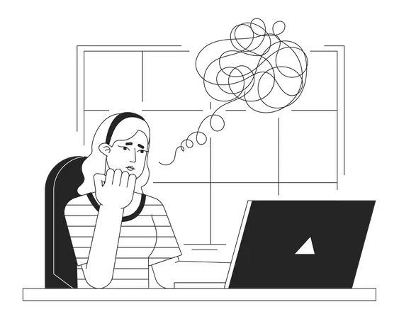 Anxious Woman Working At Office Bw Concept Vector Spot Illustration Freelancer 2 D Cartoon Flat Line Monochromatic Character For Web UI Design Editable Isolated Outline Hero Image Illustration