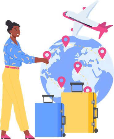 Ao redor do mundo, viajando de avião, viagem de avião em vários países, localização do pino no mapa global  Ilustração
