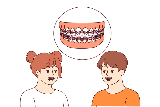 Aparatos dentales en la boca de un niño y una niña durante una visita al dentista para un procedimiento de enderezamiento de dientes  Ilustración