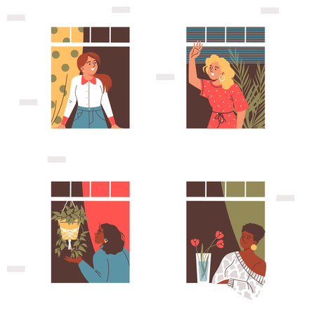 Apartment building with different young beautiful women in open window spaces  Illustration