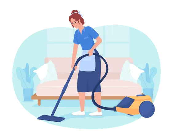 Apartment Cleaning Service 2 D Vector Isolated Illustration Female Housekeeper With Vacuum Cleaner Flat Character On Cartoon Background Colorful Editable Scene For Mobile Website Presentation Illustration