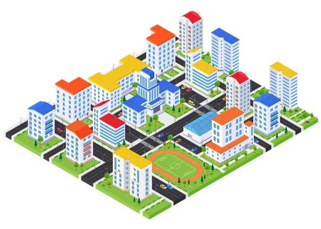 Urban Landscape Modern Vector Colorful Isometric Illustration Quality Composition With Apartment Houses Football Field Stadium Road With Cars Real Estate City Architecture Construction Idea Illustration