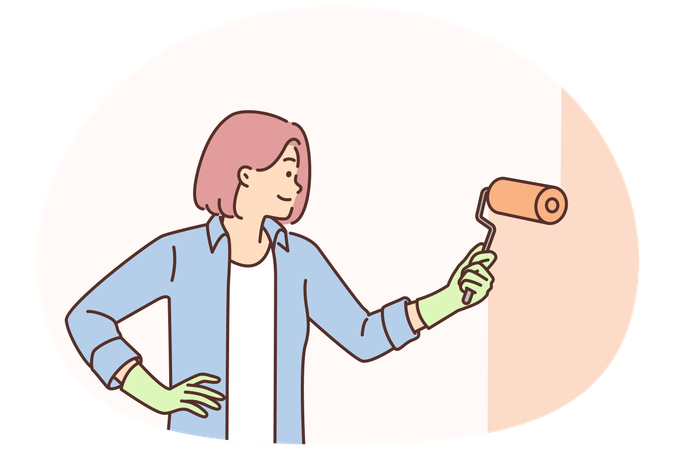 Apartment woman paints wall with paint roller wanting to update facade of apartment  Illustration