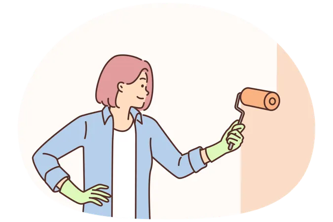Apartment woman paints wall with paint roller wanting to update facade of apartment  Illustration