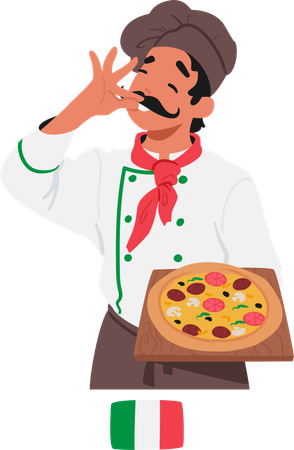 Apasionado chef italiano con uniforme blanco clásico y sombrero alto  Ilustración