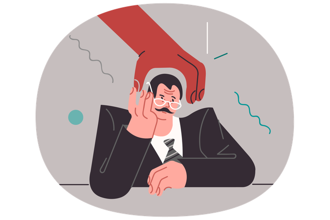 Apathetic business man feeling stressed due to threat dismissal and job loss sitting near big hand  Illustration