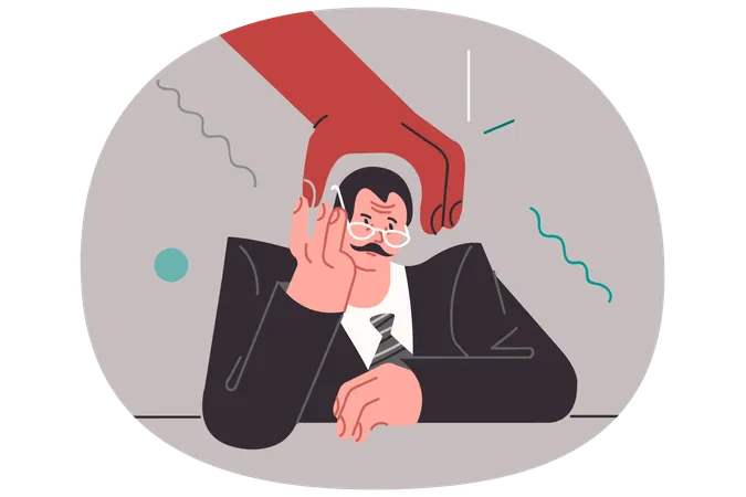 Apathetic business man feeling stressed due to threat dismissal and job loss sitting near big hand  Illustration