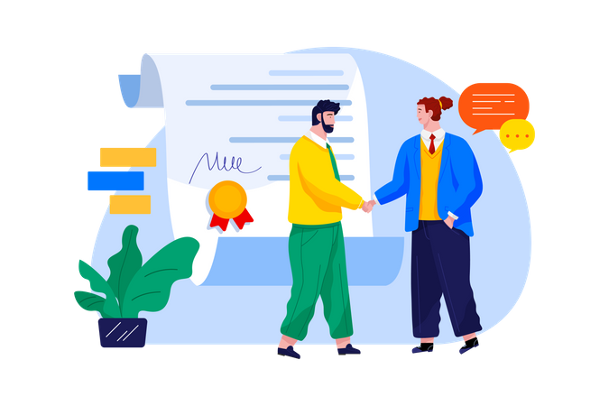 Aperto de mão do cliente com um agente de marketing  Ilustração