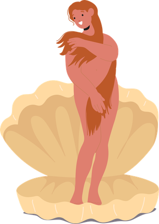 Aphrodite, schöne griechische Göttin, die aus der Schale auftaucht und Geburt und Schönheit symbolisiert  Illustration