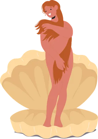 Aphrodite, schöne griechische Göttin, die aus der Schale auftaucht und Geburt und Schönheit symbolisiert  Illustration