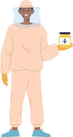 Apicultor masculino segurando frasco de vidro com mel natural orgânico  Ilustração