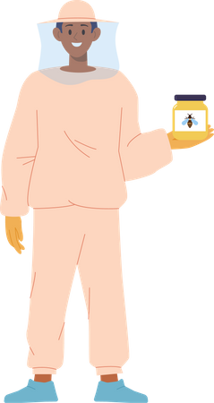 Apicultor masculino sosteniendo un frasco de vidrio con miel natural orgánica  Ilustración