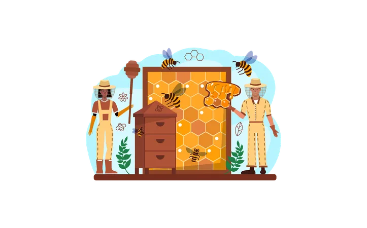 Hiver Or Beekeeper Web Banner Or Landing Page Apiculture Farmer Gathering Honey Countryside Organic Product Apiary Worker Beekeeping And Honey Extraction Flat Vector Illustration イラスト