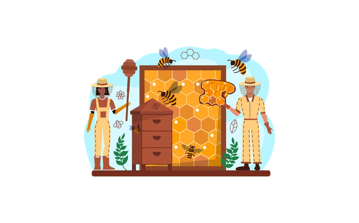 Apiculturist protecting beehive  Illustration