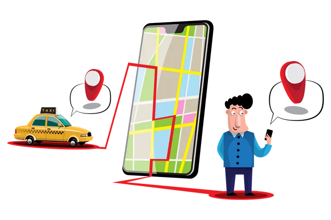 Hombre rastreando taxi en la aplicación de reserva de taxis  Ilustración