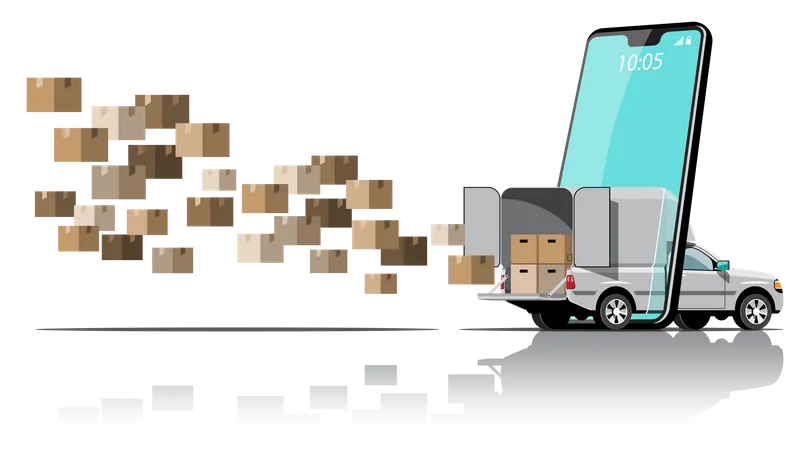 Camion De Entrega Con Paquete De Paquete De Pedido En Aplicacion De Telefono Inteligente Ilustracion Vectorial Ilustración