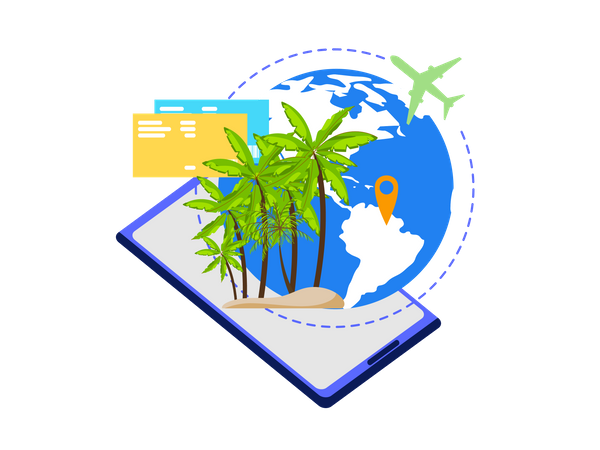 Aplicación móvil para viajeros, planificación de viajes de vacaciones y reserva de billetes en línea  Ilustración