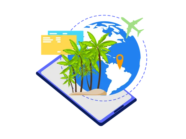 Aplicación móvil para viajeros, planificación de viajes de vacaciones y reserva de billetes en línea  Ilustración