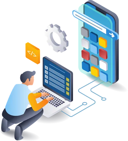 Hombre construyendo aplicación para teléfono inteligente  Ilustración