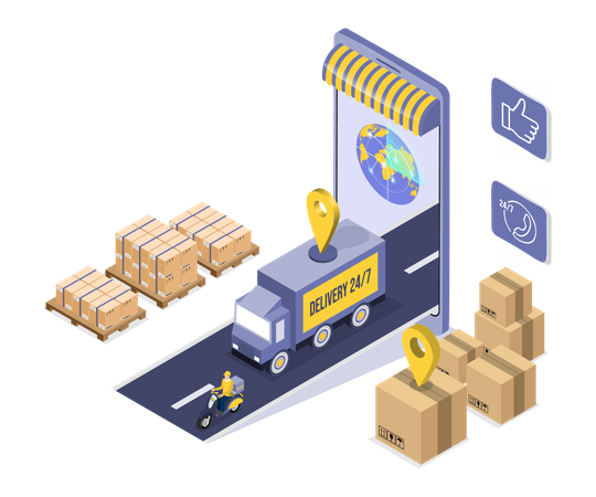 Aplicación de servicio de logística de compras en línea.  Ilustración