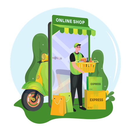 Aplicaciones de servicio de entrega de tiendas online  Ilustración