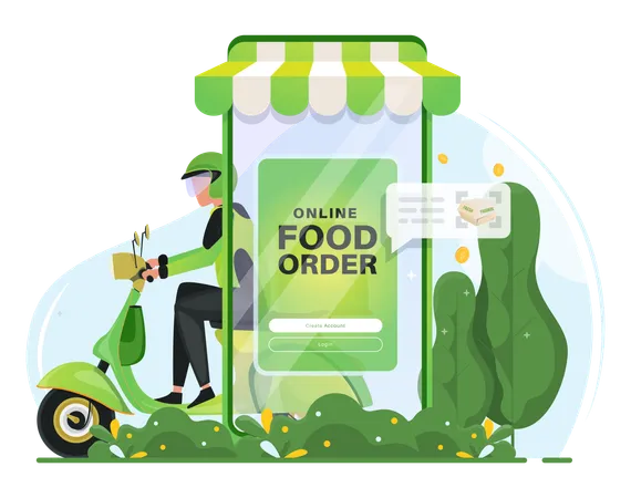 Ilustracion De Servicios De Entrega De Alimentos En Linea Con El Concepto De Fondo De Aplicaciones Moviles De Tienda De Alimentos En Linea Ilustración