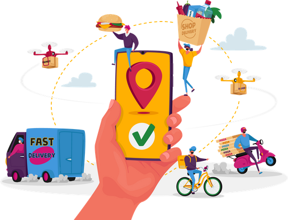 Aplicaciones de servicios de entrega de alimentos en línea  Ilustración