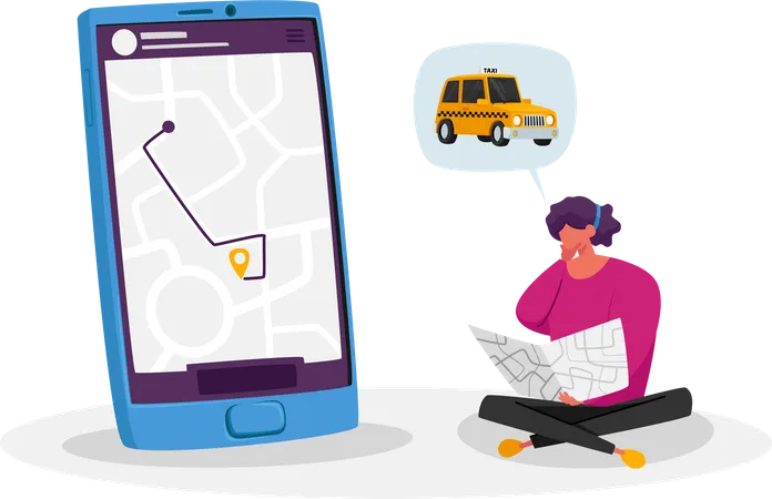 Jovem Solicitando Taxista Usando Aplicativo Movel Em Smartphone Personagem De Cliente Feminina Esperando Carro Com Mapa Nas Maos Aplicativo Inteligente Para Pedido Automatico Pelo Celular Ilustra O Vetorial De Desenho Animado Ilustração