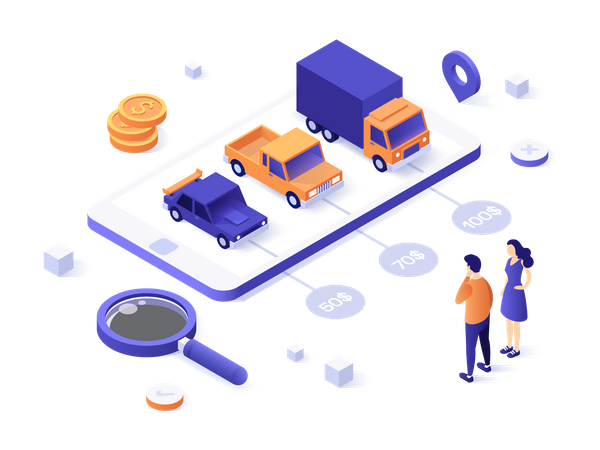 Aplicativo móvel para aluguel ou serviço de leasing de automóveis  Ilustração