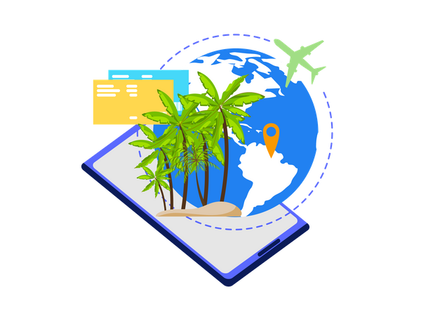 Aplicativo móvel para viajantes, planejamento de viagens de férias, reserva de passagens on-line  Ilustração