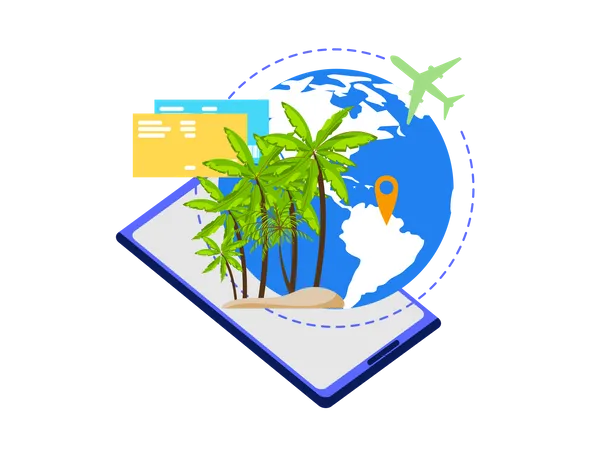 Aplicativo móvel para viajantes, planejamento de viagens de férias, reserva de passagens on-line  Ilustração