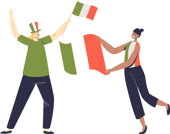 Apoiadores da Itália agitando bandeiras nacionais italianas  Ilustração