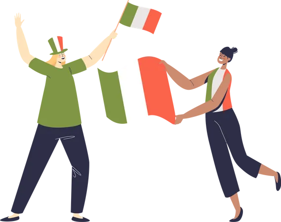 Apoiadores da Itália agitando bandeiras nacionais italianas  Ilustração