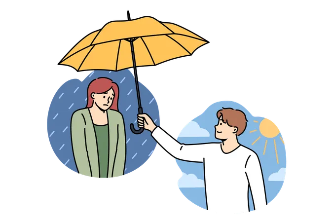 Apoio amigável e apoio psicológico para mulher de homem segurando guarda-chuva  Ilustração