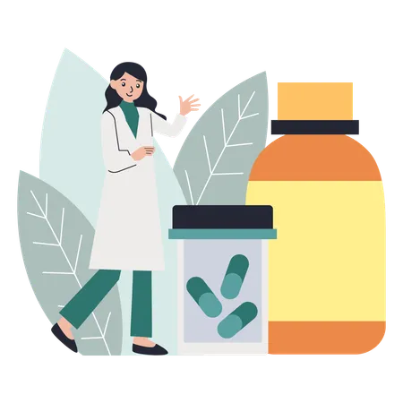 Apotheker gibt Patienten Medikamentenflasche  Illustration