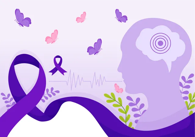 La Ilustracion Vectorial Del Mes De Concientizacion Sobre La Epilepsia Se Observa Cada Ano En Noviembre Con El Cerebro Y La Salud Mental En Un Fondo Purpura Plano De Dibujos Animados Ilustración